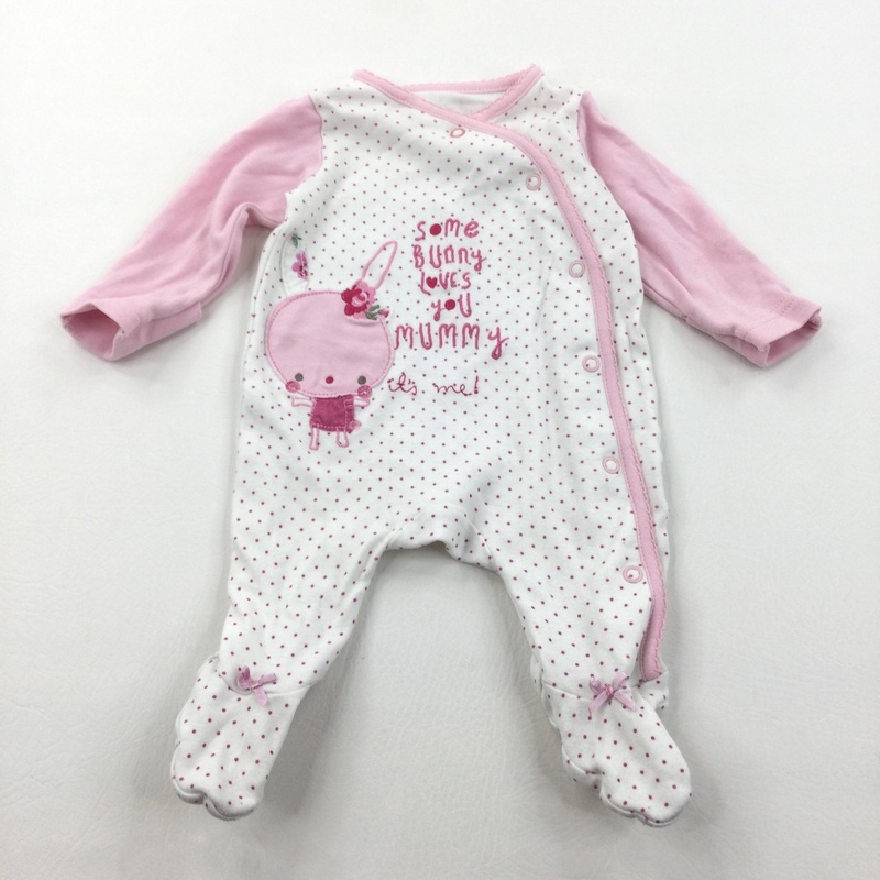 'Some Bunny Loves You Mummy' Spotty Pink & White Babygrow with Integrated Mitts - Girls Newborn