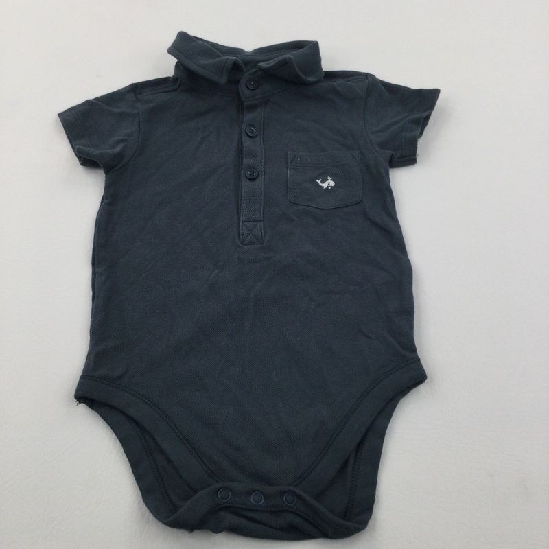 Whale Motif Slate Blue Polo Shirt Style Short Sleeve Bodysuit - Boys 12-18 Months