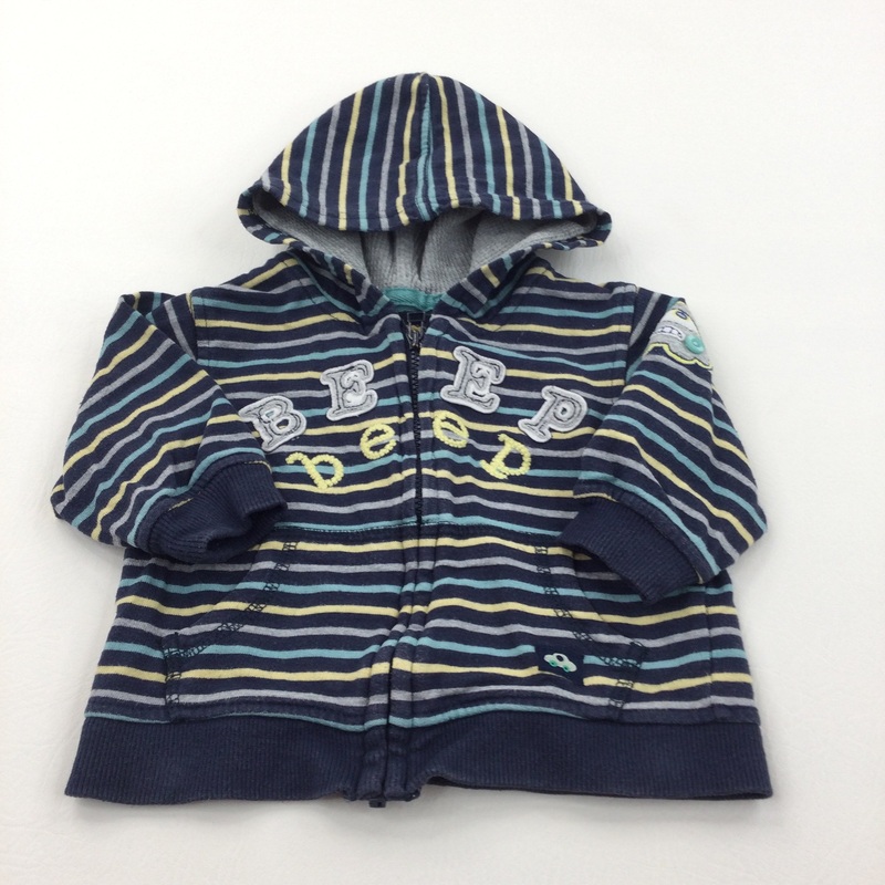 'Beep Beep' Navy, Yellow, Grey & Blue Striped Zip Up Hoodie Sweatshirt - Boys 3-6 Months