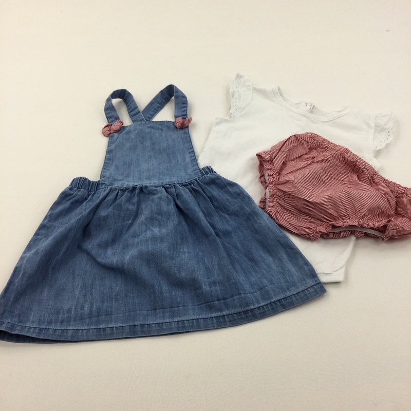 Blue Lightweight Denim Apron Dress, White Short Sleeve Bodysuit & Red Nappy Pants Set - Girls 12-18 Months