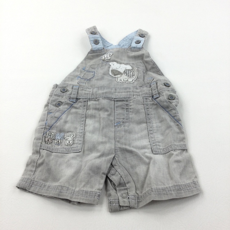 Dog & Mice Appliqued Light Brown & Pale Blue Cotton Short Dungarees - Boys/Girls 0-3 Months