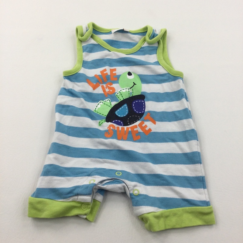 'Life Is Sweet' Turtle Blue, White & Lime Green Jersey Romper - Boys 3-6 Months