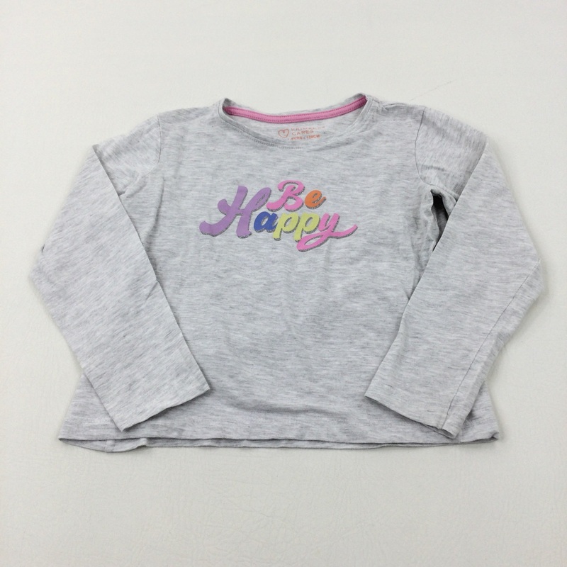 'Be Happy' Glittery Grey Long Sleeve Top - Girls 7-8 Years