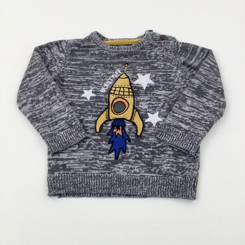 'Blast Off' Rocket Appliqued Grey Knitted Jumper - Boys 12-18 Months