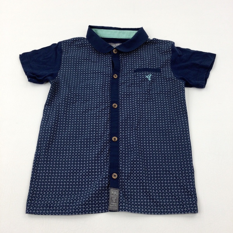 Embroidered Motif Navy Short Sleeve Shirt - Boys 5-6 Years