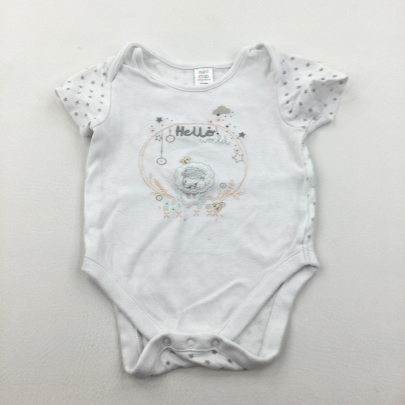 'Hello World' Sheep Appliqued White Short Sleeve Bodysuit - Girls 3-6 Months