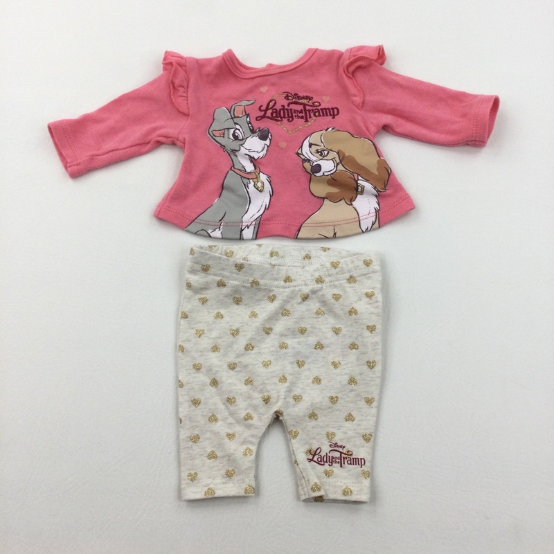 Lady & The Tramp Pink Long Sleeve Top & Glittery Hearts Beige Leggings Set - Girls Newborn