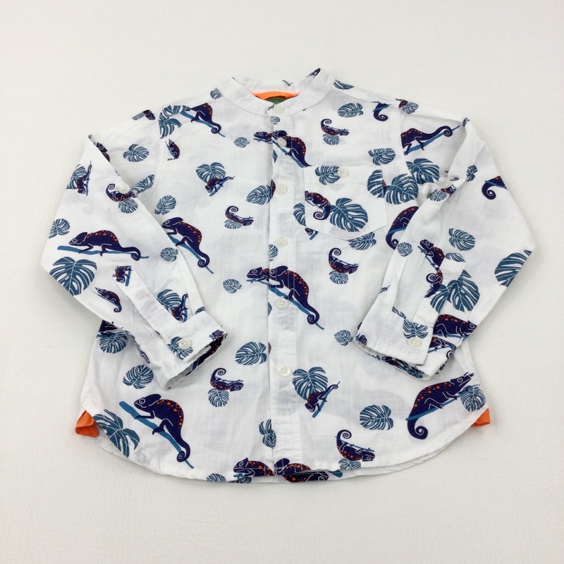 Lizards & Tropical Leaves Cotton White Long Sleeve Shirt - Boys 5-6 Years