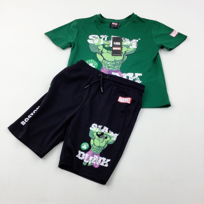 **NEW** 'Slam Dunk' Marvel's The Incredible Hulk Green & Black Sports T-Shirt & Shorts Set - Boys 6-7 Years