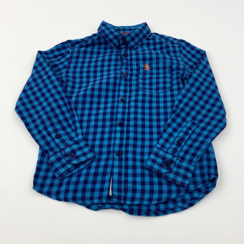 Penguin Motif Navy Checked Long Sleeve Shirt - Boys 5-6 Years
