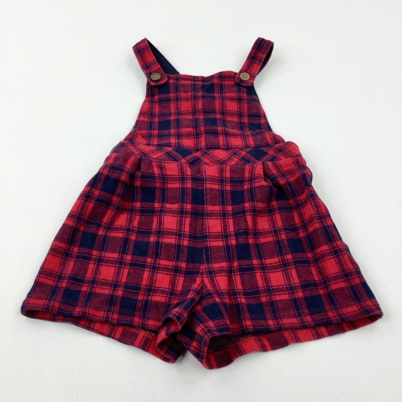 Red & Navy Tartan Short Dungarees - Girls 5-6 Years