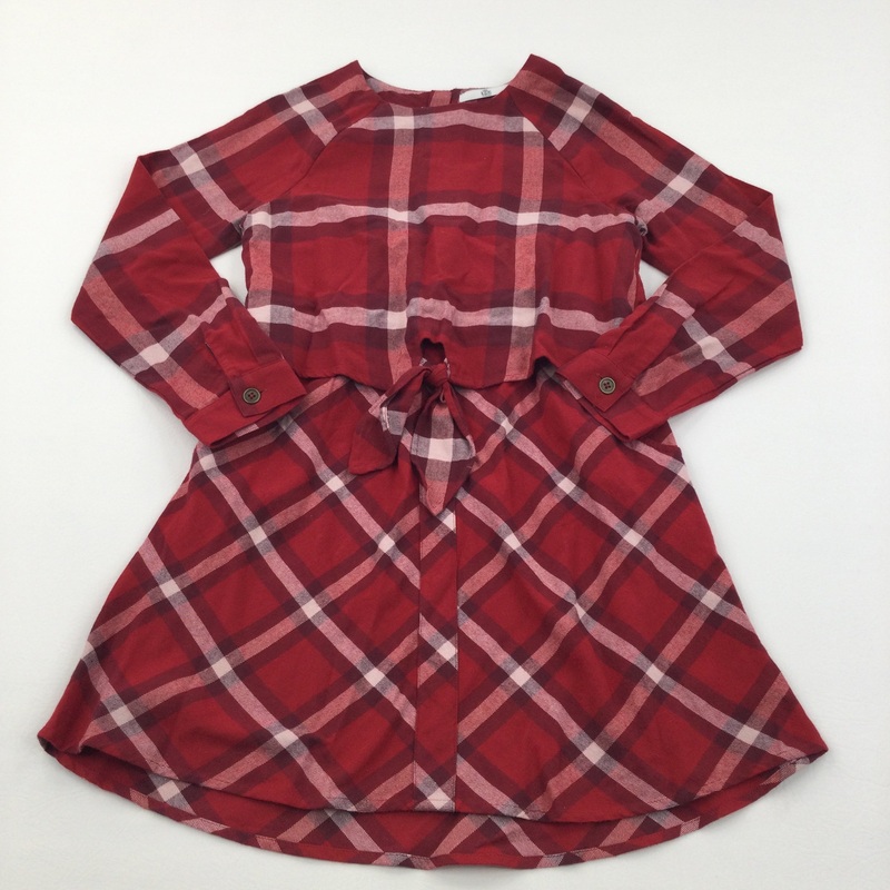 Red & White Checked Layered Cotton Dress - Girls 11-12 Years