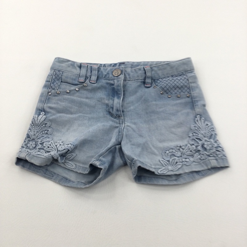 Studded Lacey Detail Light Blue Denim Shorts with Adjustable Waistband - Girls 10-11 Years