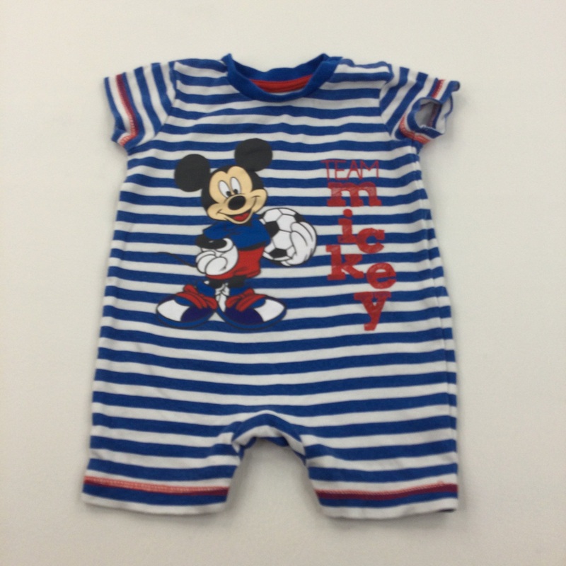 'Team Mickey' Mickey Mouse Blue & White Striped Jersey Romper - Boys 3-6 Months