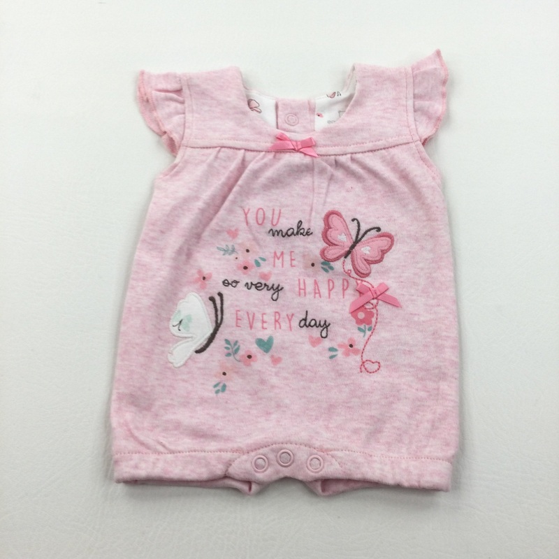 'You Make Me Very Happy' Butterflies Appliqued Pink Mottled Jersey Short Romper - Girls Newborn