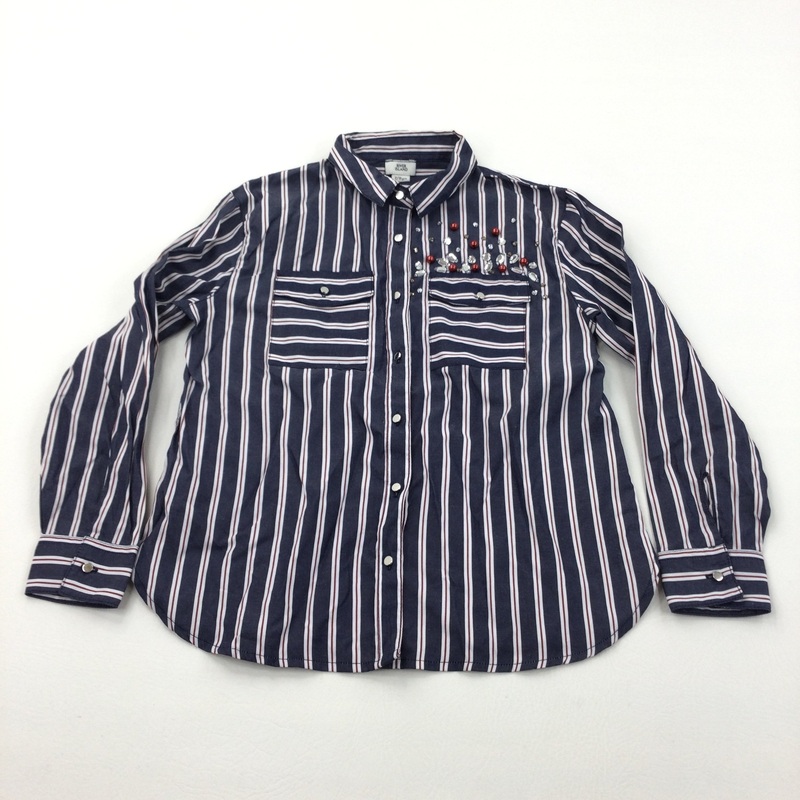 Beaded Navy, Red & White Striped Cotton Blouse/Shirt - Girls 7-8 Years