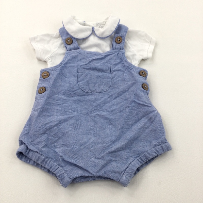 Blue Cotton Short Dunagarees & White Short Sleeve Bodysuit with Collar Set - Boys Newborn