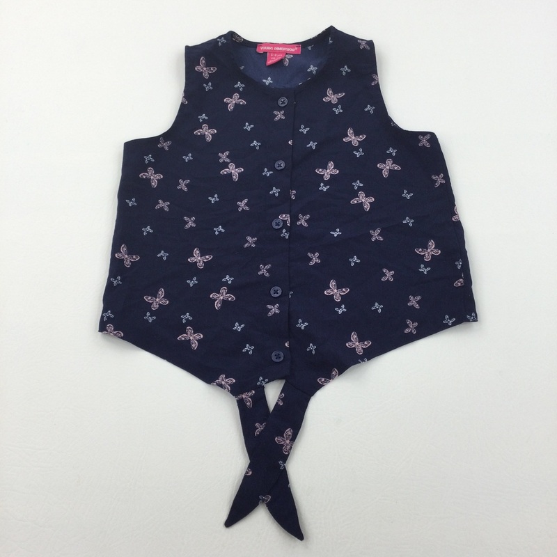 Butterflies Pink & Navy Polyester Tie Front Sleeveless Blouse - Girls 5-6 Years