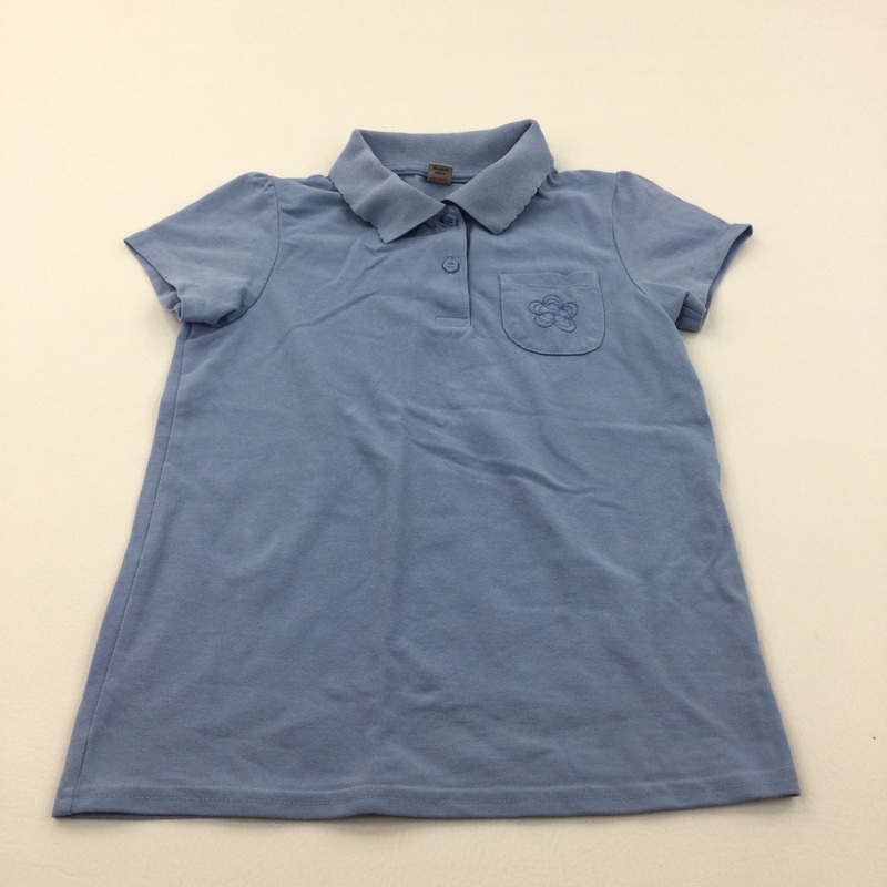 Flower Embroidered Blue School Polo Shirt with Frilly Collar - Girls 10 Years