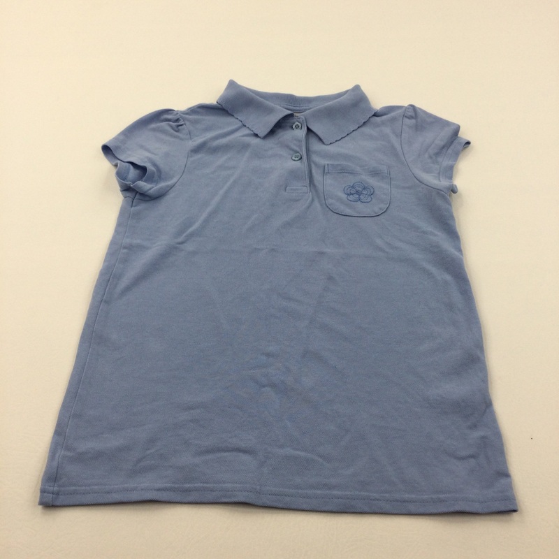 Flower Embroidered Blue School Polo Shirt with Frilly Collar - Girls 11 Years