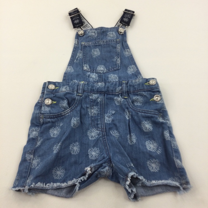 Flowers Blue Denim Short Dungarees - Girls 7-8 Years