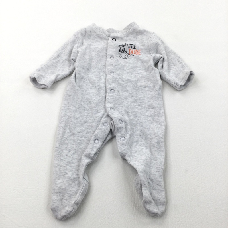 'Little Dude' Sloth Grey Babygrow with Integrated Mitts - Boys Newborn
