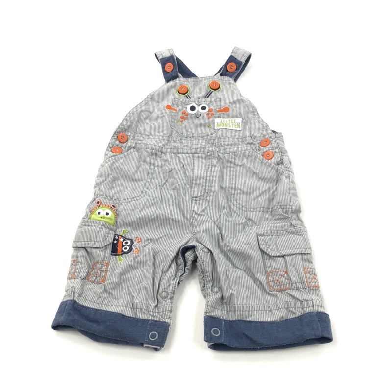 'Little Monster' Grey & Blue Lined Cotton Dungarees - Boys 0-3 Months