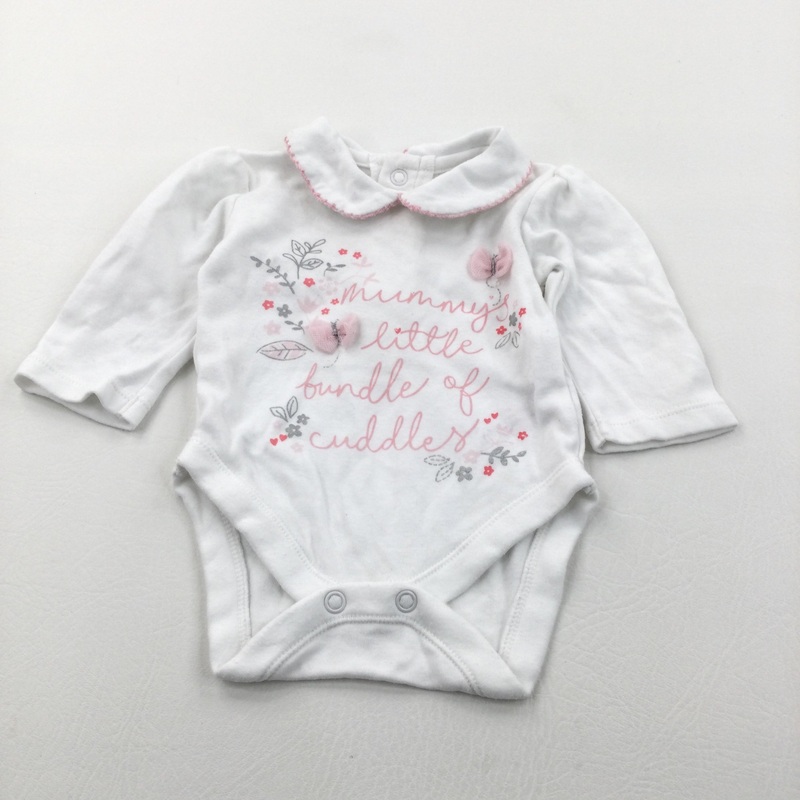 'Mummy's Little Bundle Of Cuddles' Pink Butterflies White Long Sleeve Bodysuit with Collar - Girls 0-3 Months