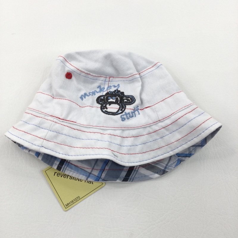 **NEW** 'Monkey Stuff' Reversible White, Red, Blue & Grey Cotton Sun Hat - Boys 6-12 Months