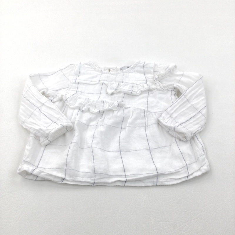 White & Grey Checked Cotton Long Sleeve Top - Girls 9-12 Months