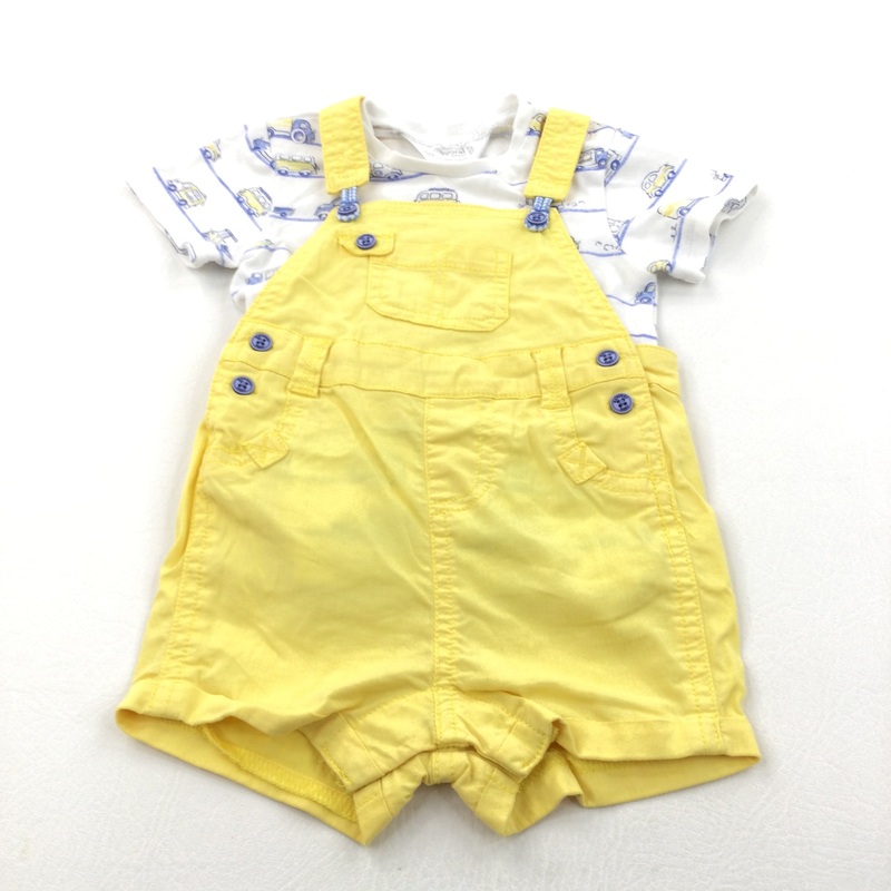 Yellow Cotton Short Dungarees & Cars Blue & White Short Sleeve Bodysuit Set - Boys 3-6 Months