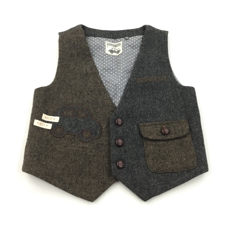 Car Appliqued Brown & Grey Woollen Smart Waistcoat - Boys 12-18 Months