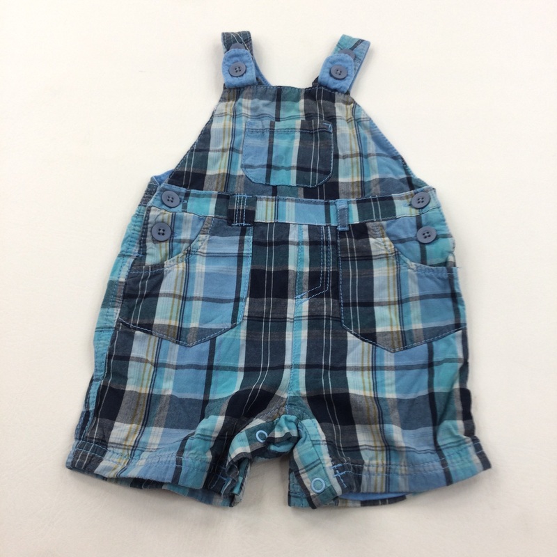 Navy & Blue Checked Lined Cotton Short Dungarees - Boys 3-6 Months