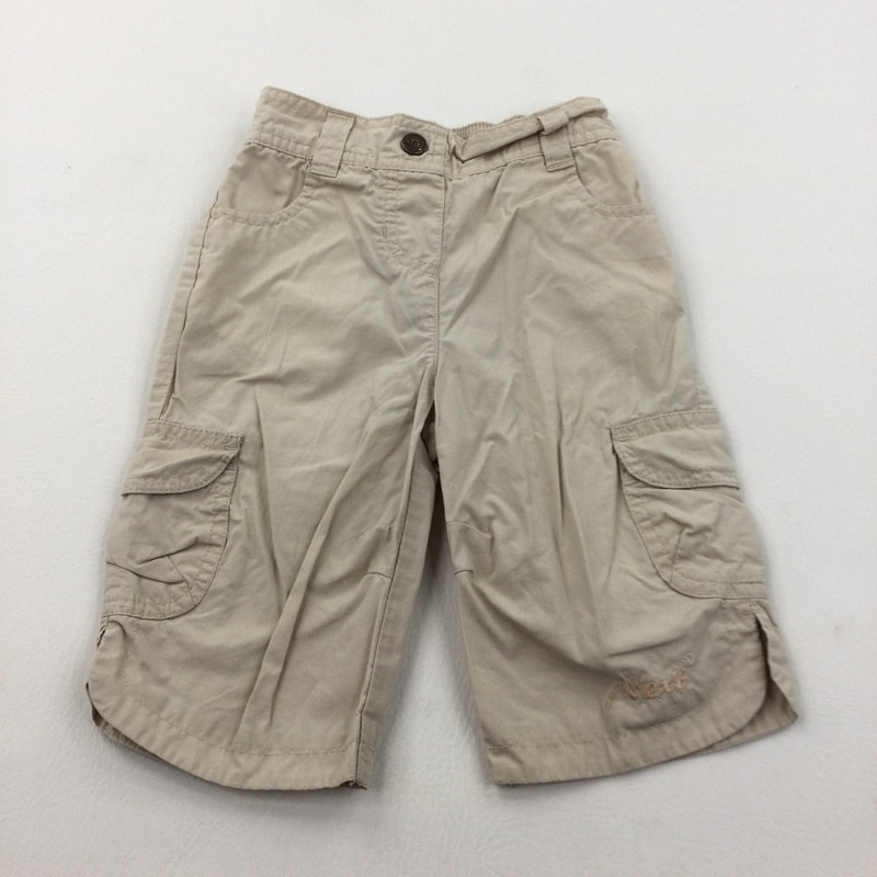 'Next' Flower Embroidered Beige Lightweight Cotton Cargo Trousers - Girls 12-18 Months