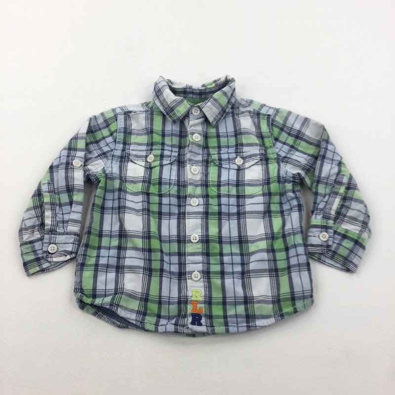 Pale Blue, Navy & Green Checked Lined Cotton Shirt - Boys 12-18 Months