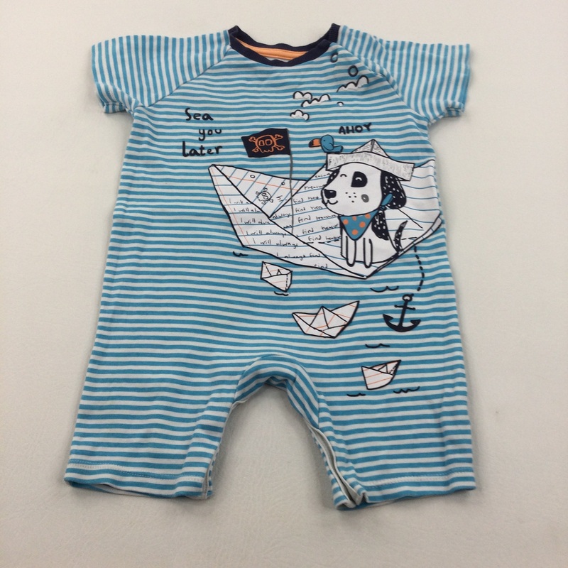 Pirate Dog Blue & White Striped Short Jersey Romper - Boys 6-9 Months