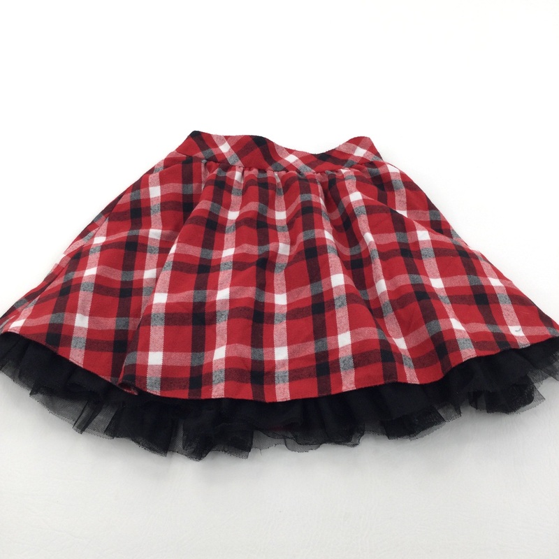 Red, Black & White Checked Cotton Skirt with Net Underskirts - Girls 5-6 Years