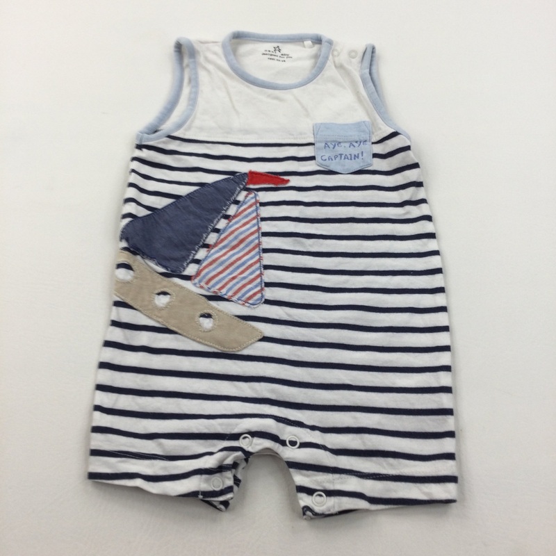 Sailing Boat Appliqued Navy & White Striped Jersey Short Romper - Boys 6-9 Months