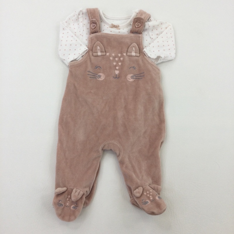 Cat Face Dusky Pink Dungarees & Matching Bodysuit - Girls Newborn