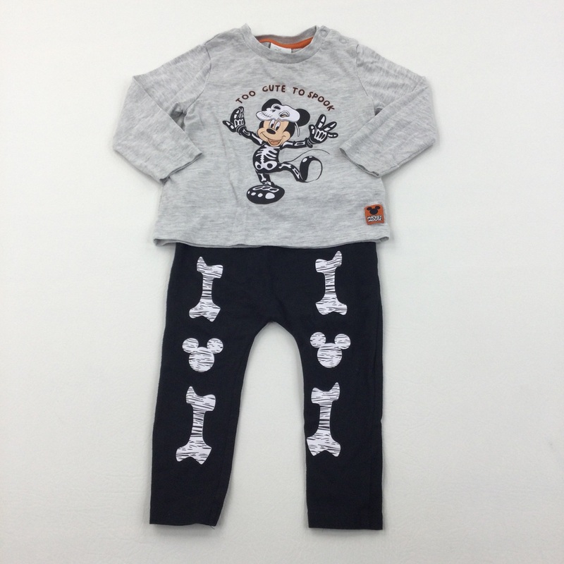 'Too Cute To Spook' Mickey Mouse Skeleton Black & Grey Long Sleeve Halloween Top & Leggings Set - Boys/Girls 9-12 Months