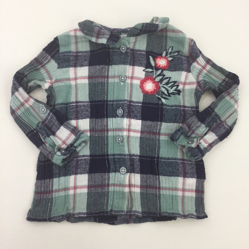 Flowers Embroidered Navy & Mint Check Long Sleeve Shirt - Girls 12-18 Months