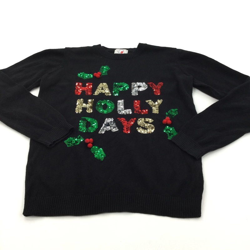 'Happy Holly Days' Sequins Black Knitted Christmas Jumper - Girls 13-14 Years