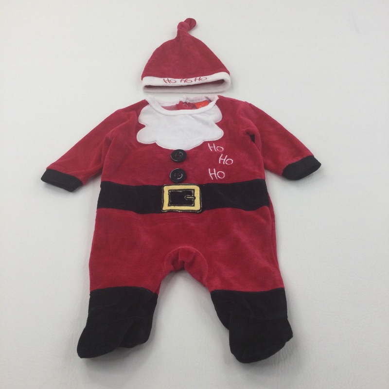 'Ho Ho Ho' Santa Red Velour Babygrow & Hat - Boys/Girls 0-3 Months