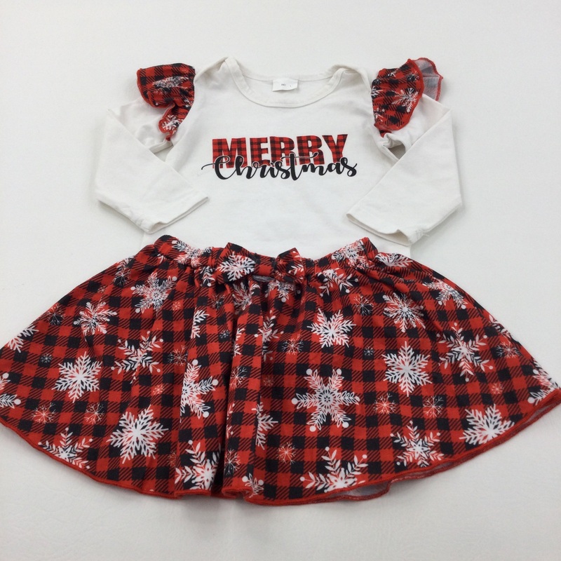 'Merry Christmas' Red, Black & White Long Sleeve Bodysuit & Skirt Set - Girls 12 Months
