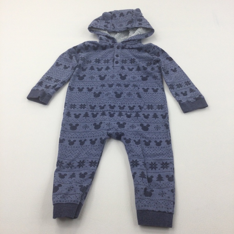 Mickey Mouse, Christmas Trees & Snowflakes Blue & Navy Jersey Christmas Romper/Onesie with Hood - Boys 12-18 Months