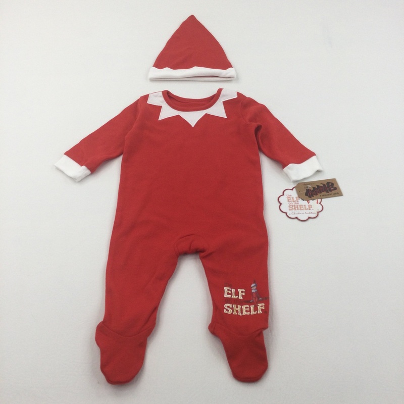 **NEW** 'Elf On The Shelf Red Christmas Babygrow with Matching Hat - Boys/Girls 0-3 Months