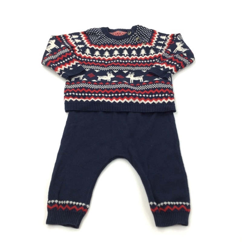 Reindeer & Christmas Tree Patterned Red, White & Navy Knitted Christmas Jumper & Leggings Set - Boys/Girls 6-9 Months