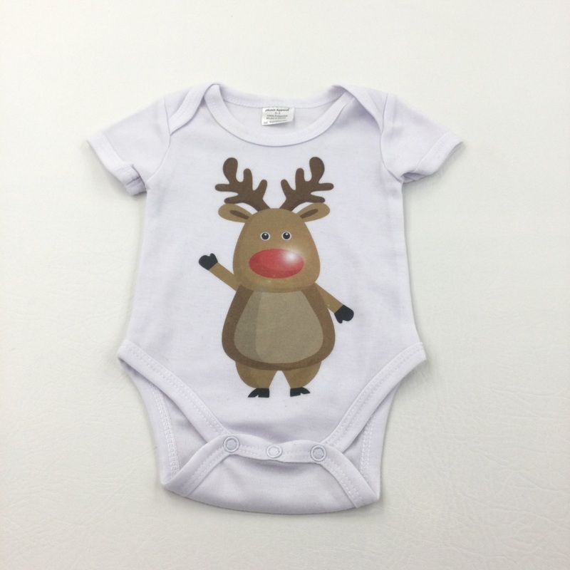 'Santas Squad' Rudolph White Short Sleeve Christmas Bodysuit - Boys/Girls 0-3 Months