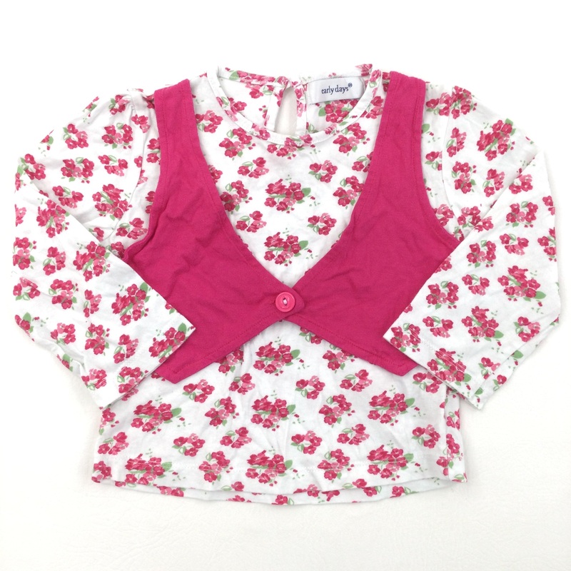 Waistcoat Look Pink & White Flowers Long Sleeve Top - Girls 18-24 Months