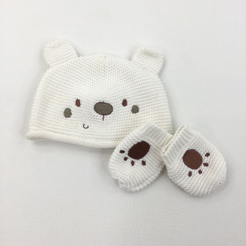 Bear Cream Hat & Mitts - Boys/Girls 3-6 Months